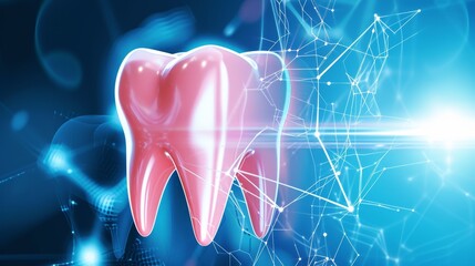 A high-tech 3D model of a glowing tooth surrounded by network-like connections on a blue background. This digital image highlights the intersection of dentistry and technology, ideal for illustrating