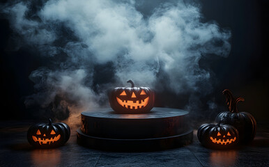 Sticker - This is a Halloween minimal scene 3D with smoke and a podium platform. This is a Halloween background concept. A stand to show products. Happy Halloween concept.