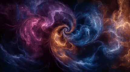 Wall Mural - A swirling nebula in shades of blue, orange, and purple against a dark, starry background.