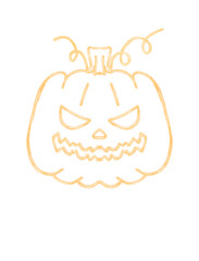 Neon pumpkin with scary face yellow and orange glowing color raster illustration for design, printing and web