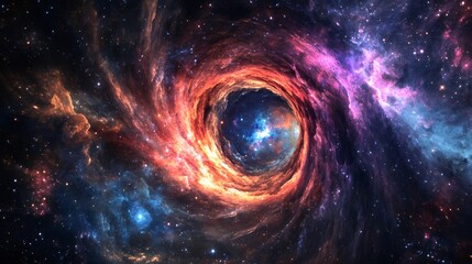Wall Mural - A swirling nebula with a central bright spot, surrounded by red and pink gas clouds and a background of distant stars.