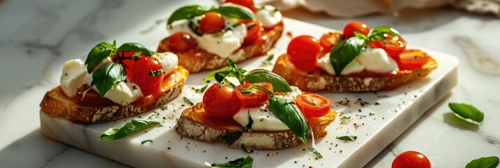 Poster - Bruschetta topped with cherry tomatoes, mozzarella cheese, and basil on a marble board, illuminated by natural light. Traditional Italian appetizer, suitable for vegetarians and a healthy