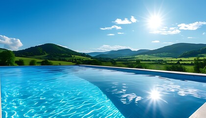 The refreshing blue swimming pool, green hills in the distance, clear skies and bright sunshine shine on the environment, bringing a tranquil atmosphere.