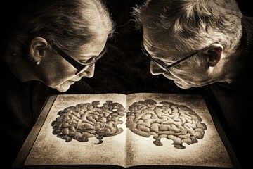 Sticker - Brain strength skill Elderly couple analyzing a brain diagram symbolizing wisdom shared knowledge and the pursuit of understanding in later years