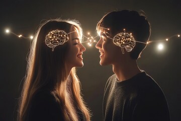 Sticker - Smart skill Young couple with glowing brain illustrations symbolizing intellectual connection and the shared pursuit of knowledge and creativity