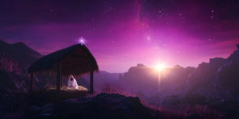 Wall Mural - Nativity scene. Birth of Jesus Christ with manger in dark magenta landscape and the star of Bethlehem. 3D rendering.