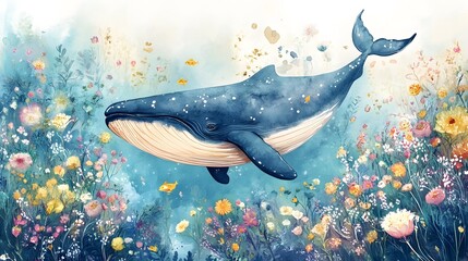 Wall Mural - Watercolor paint illustration of big whale swimming in flowers
