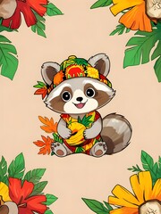 Wall Mural - Cute Raccoon in Tropical Outfit