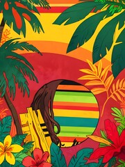 Poster - Tropical Sunset with Colorful Stripes and Palm Trees