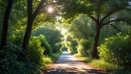 Canvas Print - A peaceful path is lined with green trees and dense shrubs. Sunshine shines on the ground through the branches, creating a tranquil natural atmosphere.