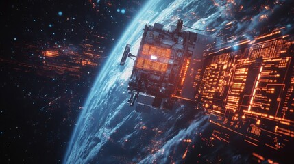 Wall Mural - Futuristic spacecraft with glowing lights orbits a planet, showcasing a futuristic design with advanced technology.