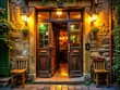 © kittipon - weathered wooden door creaks open warm golden light spills onto rustic road traditional Irish pub sign hangs above entrance dimly lit cozy atmosphere inviting patrons