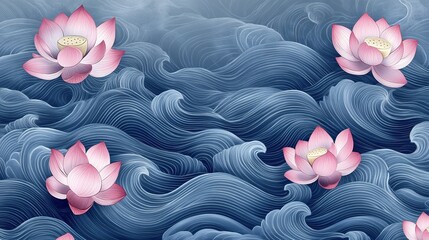 Poster - Pink Lotus Flowers on Blue Swirling Waves