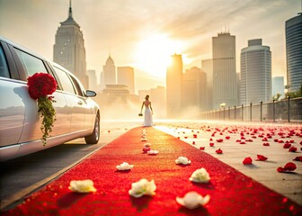 Wall Mural - ethereal soft focus shot of delicate rose petals leading up to red carpet entrance flanked by ivory limousines and misty morning cityscape