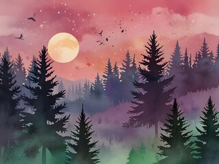 Sticker - Watercolor Forest Landscape with Moon