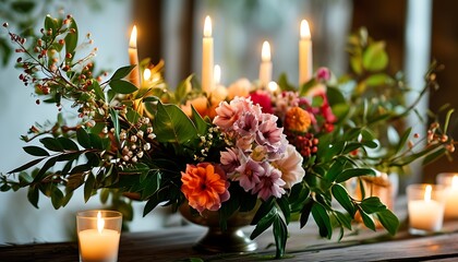 A beautiful bouquet of flowers, accompanied by a few candles and fresh green leaves, creates a warm atmosphere.