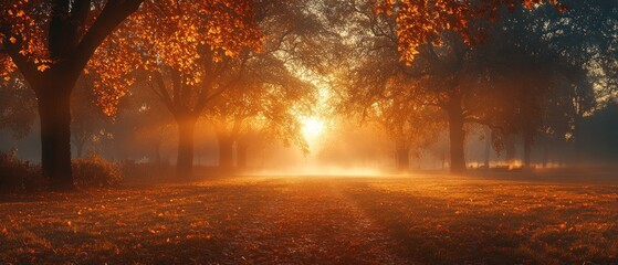 Poster - Golden Sunlight Through Trees in a Foggy Autumn Forest