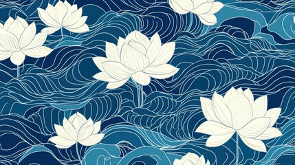 Canvas Print - White Lotuses Floating on Blue Wavy Water