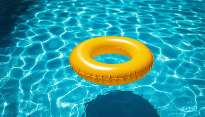 A bright yellow inflatable ring floating in a crystal-clear swimming pool, casting a perfect circula