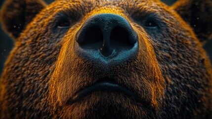 Bearâ€™s nose, black and wet, close-up of face, forest light