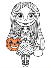 Halloween doll character with a stitched face and chevron dress, holding a pumpkin. For Halloween invitations, web icons, or sticker designs with minimal color