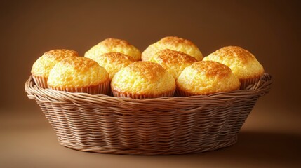 Wall Mural - Cornbread muffins, golden and fluffy, served in a basket, warm kitchen light