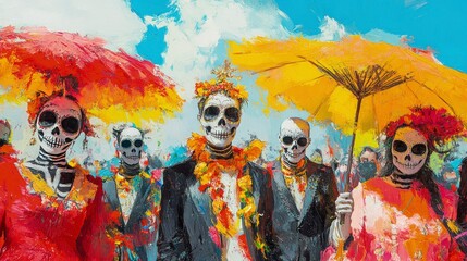 Day of the Dead parade, people in costumes, vibrant colors, midday sun