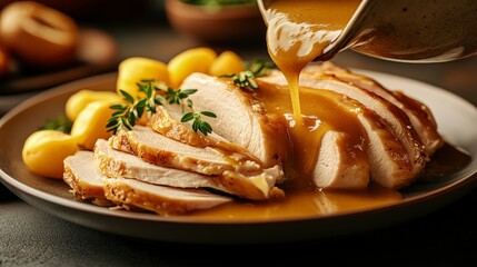 Wall Mural - Gravy being poured over turkey slices, rich brown color, served on a plate, soft indoor light