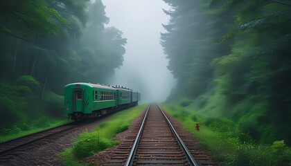 The fog-shrouded train track is lined with quiet green trains on both sides, creating a mysterious and tranquil atmosphere.