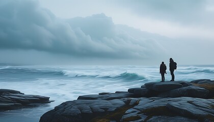 The magnificent view of the seaside, two tourists stand on the rocks, with the stormy waves and the cloudy sky in the distance, bringing a mysterious and tranquil feeling.