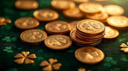 St. Patrickâ€™s Day gold coins, scattered on a green tablecloth, clover decorations around, soft indoor light