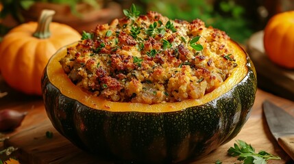 Stuffed acorn squash, baked to a golden brown, filled with a savory stuffing, natural kitchen light