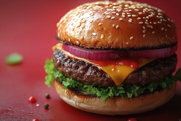 Close-up of a juicy burger with cheese, lettuce, onion, and ketchup on a red background.