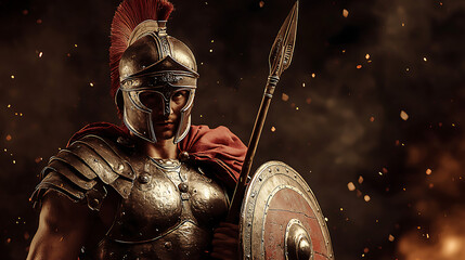 Intense Roman Spartan Warrior in Armor Ready for Battle