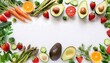 © jeksonjs - Fresh Vegan Ingredients Fame - top down view illustration with an elegant border of various vegetables and fruits - avocados, strawberries, carrots, and leafy greens. Graphic artwork illustration