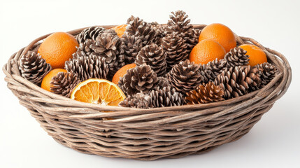 Wall Mural - Rustic Wooden Basket with Pine Cones and Dried Oranges on White