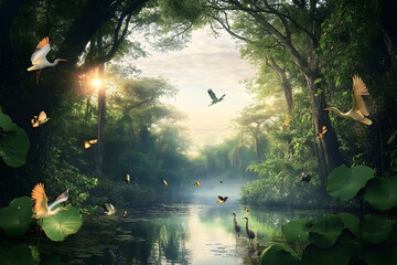 Wall Mural - This wallpaper is a vintage forest landscape with trees, trees, birds, and herons.