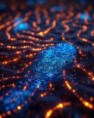 a digital fingerprint scan, with the print glowing blue against a black background