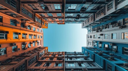 Two Buildings Converging Upwards Towards a Blue Sky