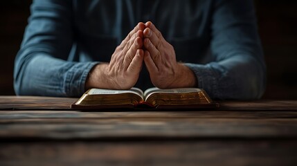 Man Praying with Hands Clasped on an Open Bible