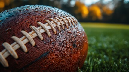 Close-up of a football on a grassy field. --ar 16:9 --style raw --stylize 900 --v 6.1 Job ID: aef53b21-311a-4cbc-bc8e-857ca1f37f63