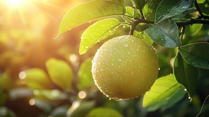 Close-up of a ripe citrus fruit on a tree branch, with water droplets and sunlight shining through the leaves.