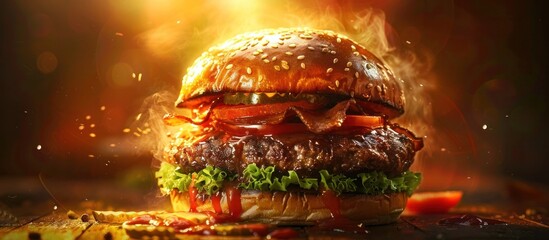 Mouthwatering Burgers with Dramatic Lighting and Splash Effect for Hunger Inducing Visual Content  Juicy beef patty melted cheese crispy bacon fresh lettuce