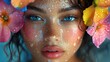 © Ashalina - A close-up portrait of a beautiful woman with water droplets on her face, surrounded by colorful flowers.
