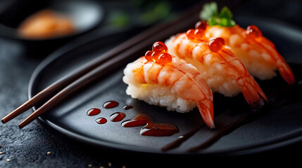 Japanese sushi, nigiri with shrimp. Eastern cuisine. Aesthetic nigiri with salmon. AI generation.