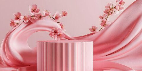 Sticker - 3D background, pink podium display. Sakura pink flower on pastel silk cloth. Cosmetic or beauty product promotion step floral pedestal. Abstract minimal advertise. 3D render copy space spring mockup.