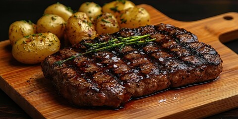 Wall Mural - Grilled Steak with Roasted Potatoes and Herbs on Wooden Cutting Board