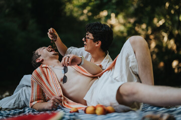 Wall Mural - Two friends share a joyful moment during a casual picnic, surrounded by nature and laughter on a sunny day.