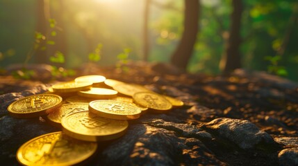 A pile of golden coins resting on a rocky surface in a forest, illuminated by the warm glow of the setting sun. The image captures the richness and allure of hidden treasures amidst the natural beauty