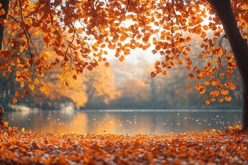 Wall Mural - autumn tree in idyllic beautiful blurred autumn landscape panorama with fall leaves in sunshine, advertising space on leaf ground, a day outdoors in golden october, cheerful fall leaf season concept